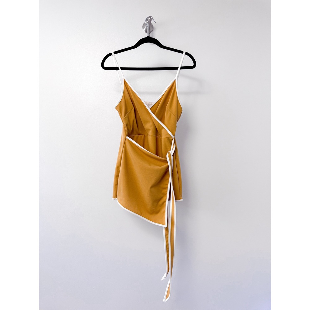 Mocking Jay Mustard Yellow Wrap Front Romper with White Piping Size‎ Medium